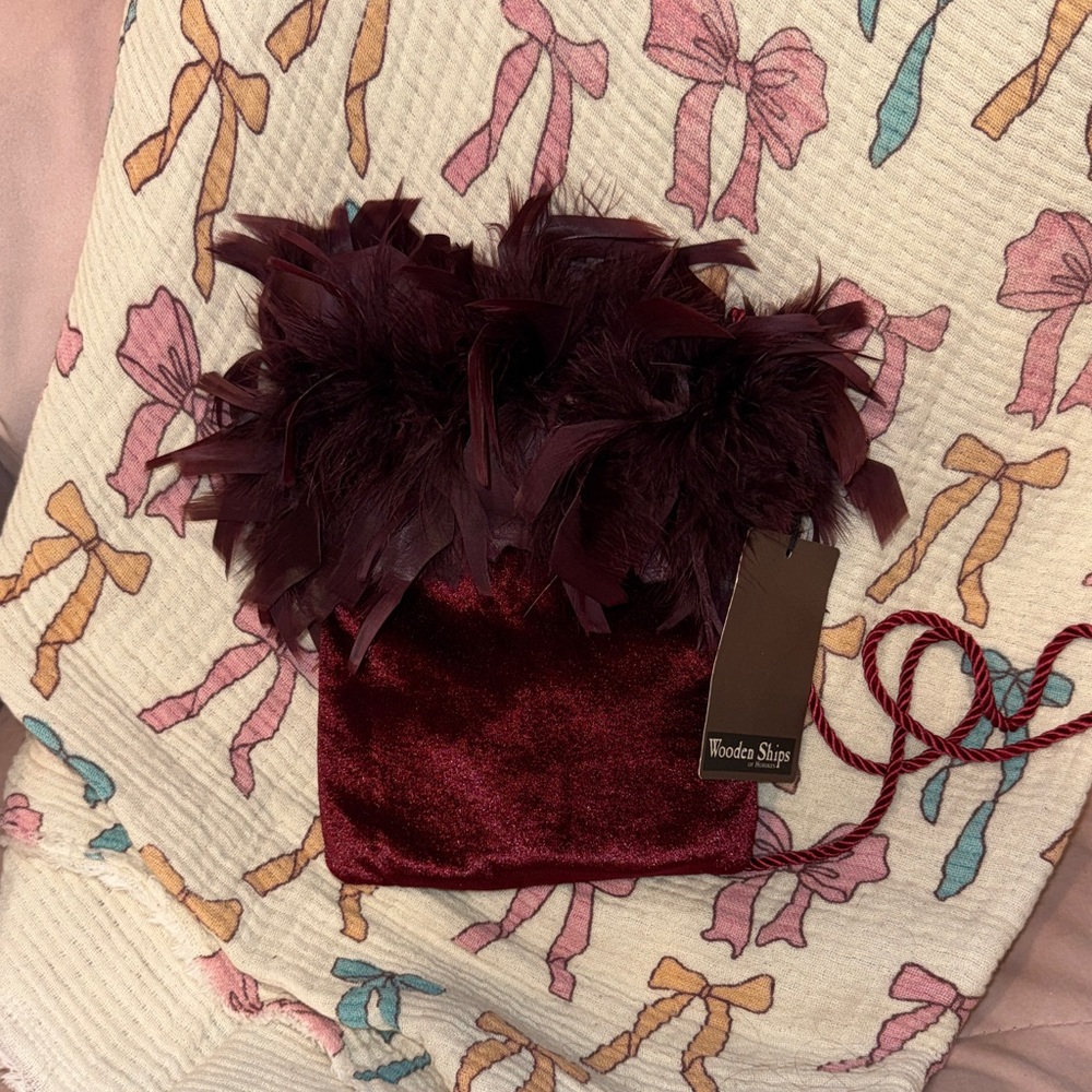 Wooden Ships Burgundy Velvet Drawstring Pouch with Feather Trim